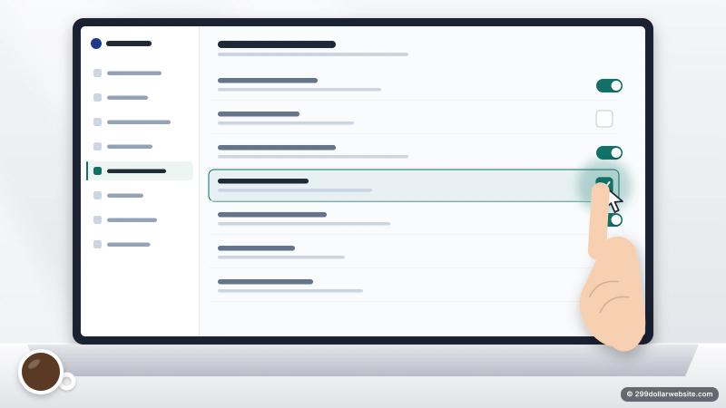 Illustration of a hand about to uncheck a highlighted setting in a website's admin settings page