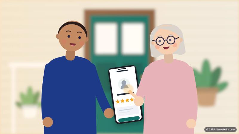 Illustration of an electrician showing a happy customer a five-star review screen on his phone at her front door