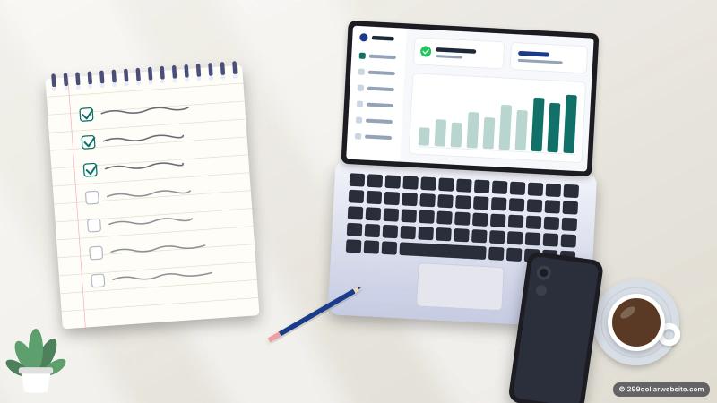 Illustration of a checklist with the first three items ticked next to a laptop showing a healthy website dashboard