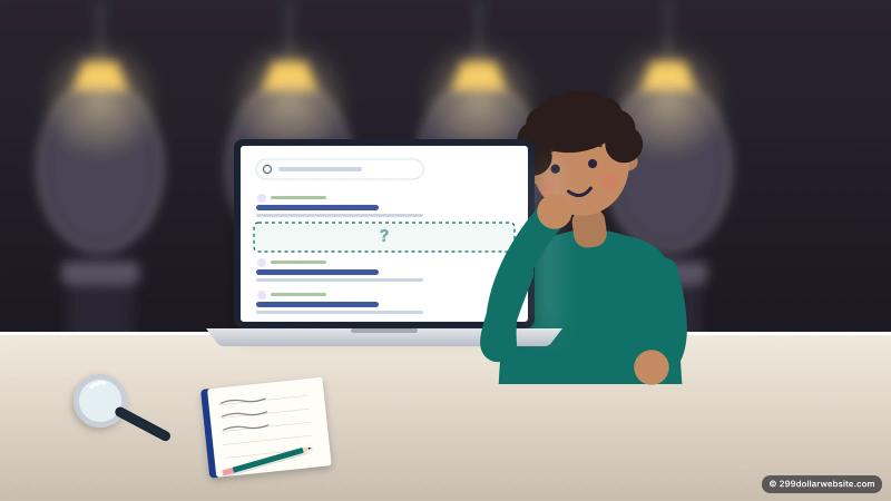 Illustration of a salon owner looking at search results on a laptop, with a magnifying glass on the desk