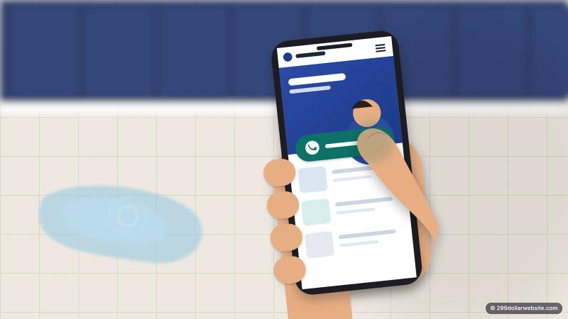 Illustration of a hand about to tap the call button on a plumber's mobile website, with a small leak on the floor behind