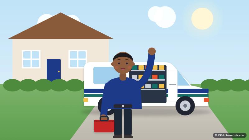 Illustration of a smiling plumber with a toolbox waving beside a service van in a suburban driveway