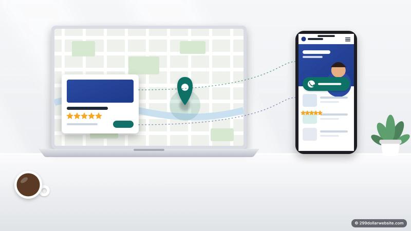 Illustration of a map listing with five-star reviews on a laptop matching a plumber's website on a phone