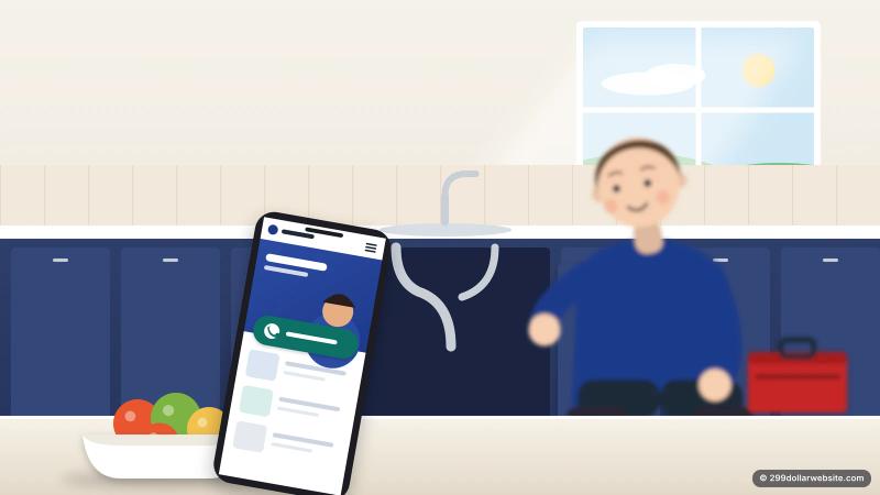 Illustration of a phone showing a plumber's website with a call button, while a plumber works at a kitchen sink