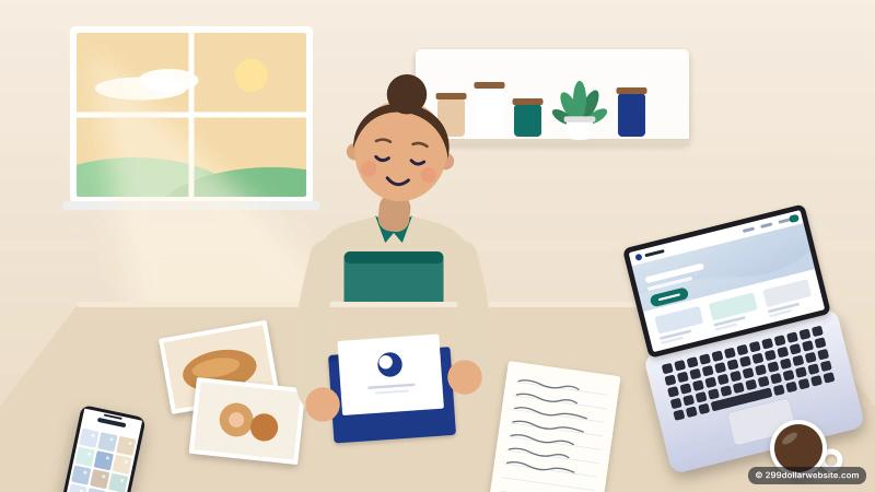 Illustration of a bakery owner at her kitchen table putting her logo, product photos and notes into a navy folder