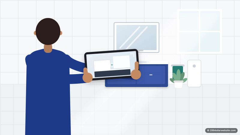 Illustration of a tradesperson photographing a finished bathroom with a phone held sideways