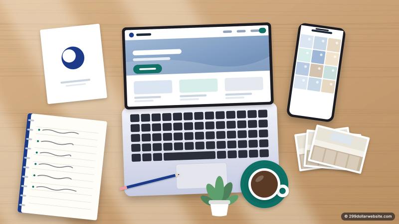 Illustration of a tidy desk with a laptop, a printed logo, a phone of photos, printed pictures and a notebook, ready for a website project