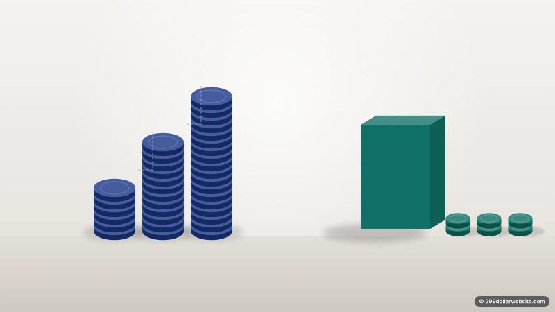 Illustration of growing stacks of coins for a monthly plan next to one solid block and three small steps for a one-time build