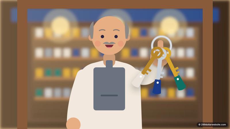 Illustration of a hardware store owner in his shop doorway holding up a set of keys