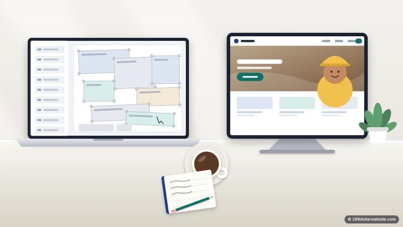 Illustration comparing a cluttered drag-and-drop website builder on a laptop with a finished small business website on a monitor