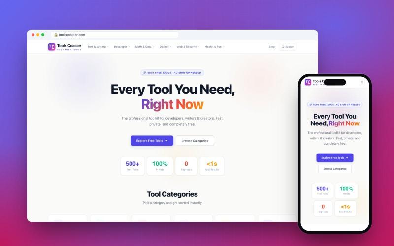 Tools Coaster: 500+ free online tools across 17 categories