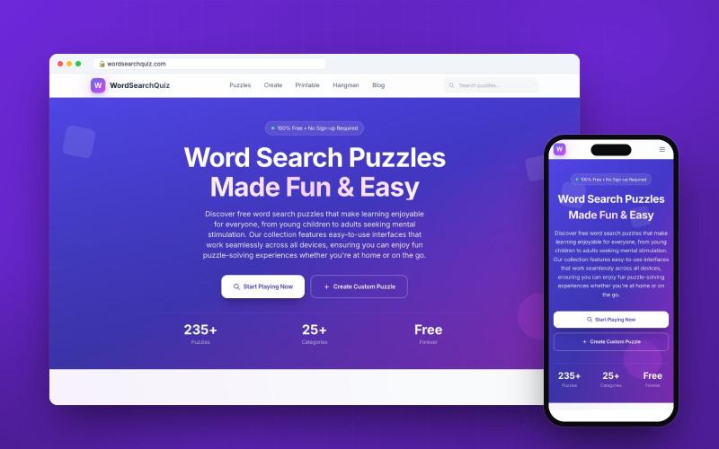 WordSearchQuiz: Word search puzzles plus a free custom puzzle maker